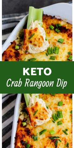 keto crab rangoon dip with celery in a white casserole dish