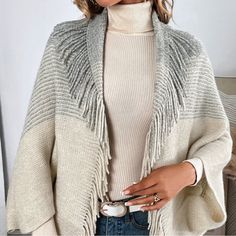 New Without Tags Royal Rose Cozy Soft Cocoon Sweater One Size Measurements Posted In Pictures Beautiful Block Fringe, Open Front Poncho, Minimalist Gown, Cocoon Sweater, Pull Beige, Poncho Cardigan, Fringe Cardigan, Boho Sweater, Fringe Sweater