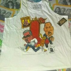 a white tank top with an image of two men on it