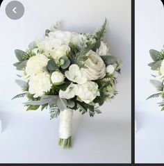 two pictures of white flowers and greenery on the same bouquet as shown in an instagram