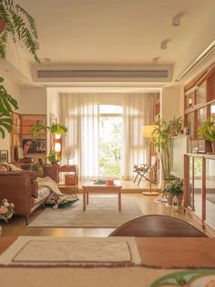 a living room filled with furniture and lots of plants on the windows sills