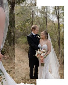 a bride and groom standing in the woods