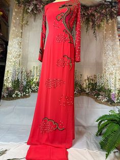 Brand New High Quality Vietnamese Ao Dai with Matching Pants.  Free Fast Priority shipping (1-3 days delivery) via USPS. Size Bust/ChestWaist S32in/81cm27in/68cm M33in/83cm28in/71cm L35in/89cm29in/74cm XL36.5in/93cm32in/81cm 2XL38in/96cm35in/89cm 3XL40in/102cm36in/91cm 4XL42in/107cm38in/96cm 5XL44in/112cm40in/102cm 6XL46in/117cm42in/107cm Ao Dai Length is 57-58in Pants length 44in  Please note:  Almost all Ao Dai have some sewing Chalk Marks because these are Brand New, unwashed Ao Dai.  Gently Summer Traditional Ao Dai For Parties, Traditional Ao Dai For Summer Party, Summer Party Traditional Ao Dai, Red Ao Dai For Spring Party, Embroidered Long Sleeve Ao Dai For Party, Red Long Sleeve Ao Dai For Summer, Floor-length Ao Dai For Festive Party, Festive Floor-length Ao Dai For Party, Ao Dai Vietnamese