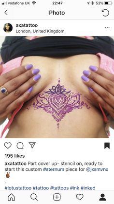 the back of a woman's stomach with tattoos on her chest and purple nail polish