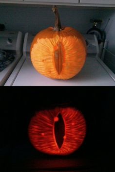 a pumpkin carved to look like an eye