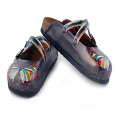 Black and Rainbow Colored, Butterfly Patterned Clogs - WCAL158 – Calceo.co Colored Butterfly, Red Butterfly, Butterfly Pattern, Artificial Leather, Shoes Online, Rainbow Colors, Clogs, Flip Flops, Slippers