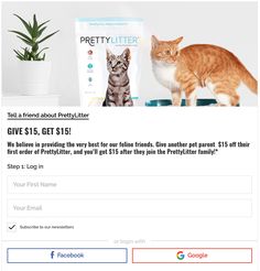 a web page with an image of two cats on it and the caption reads pretty litter give $ 15, get $ 15