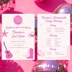 a pink and white party flyer with disco balls