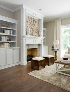 a living room filled with furniture and a fire place in the middle of a room