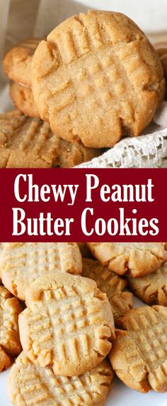 chewy peanut butter cookies are stacked on top of each other with text overlay