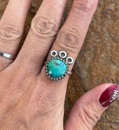 Handmade sterling silver turquoise ring. Size 8.5 Handmade Turquoise Stackable Rings In Sterling Silver, Handmade Turquoise Open Ring, Unique Turquoise Sterling Silver Stackable Rings, Unique Turquoise Ring Jewelry, Unique Turquoise Open Ring, Adjustable Artisan Turquoise Open Ring, Artisan Adjustable Turquoise Open Ring, Unique Open Turquoise Ring, Bohemian Sterling Silver Turquoise Ring Nickel Free