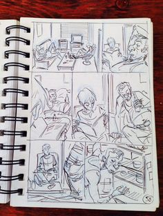 a sketch book with pictures of people in the kitchen and on the table next to each other