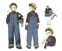 an anime character is standing next to another character with a radio in his hand and wearing overalls