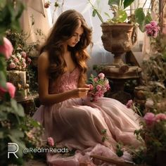 a woman in a pink dress sitting on the ground surrounded by flowers