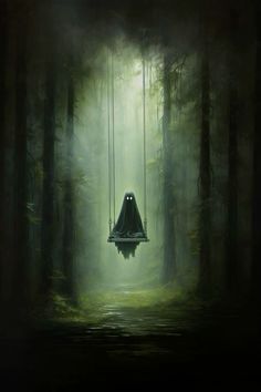 a painting of a dark forest with a hanging chair in the middle