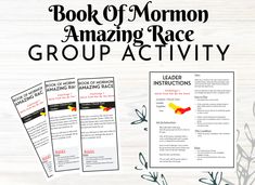 the book of mormon amazing race group activity is displayed on a table with flowers and plants