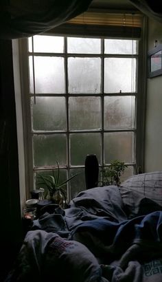 an unmade bed sitting in front of a window next to a potted plant