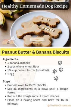 the recipe for peanut butter and banana biscuits on a plate with bananas in the background