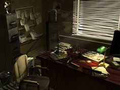 a computer desk with a lamp on top of it next to a chair and bookshelf