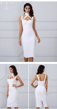 Elegant White Halter Straps Backless Hollow Out Party Bandage Dress - Uniqistic.com Elegant White Bandage Dress For Club, White Backless Party Dress With Sweetheart Neckline, White Fitted Backless Dress With Sweetheart Neckline, White Backless Dress With Sweetheart Neckline For Party, Knee-length Bandage Dress For Party With Fitted Bodice, White Knee-length Bandage Dress For Party, Elegant Bandage Corset Dress With Sweetheart Neckline, White Elegant Strapless Dress For Club, Elegant White Strapless Dress For Club