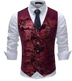 Men's Metallic Printed Vest Red - www.tuxedoaction.com Soldier Clothes, Formal Wedding Suit, Steampunk Vest, Leather Waistcoat, Mansfield Park, Classic Tuxedo, Mens Suit Vest, Dress Vest, Look Formal