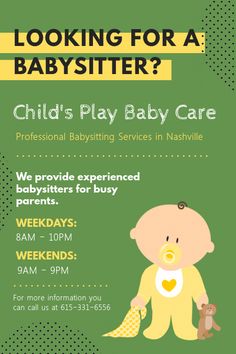 a flyer for a babysitter's play baby care event with an image of a baby holding a teddy bear