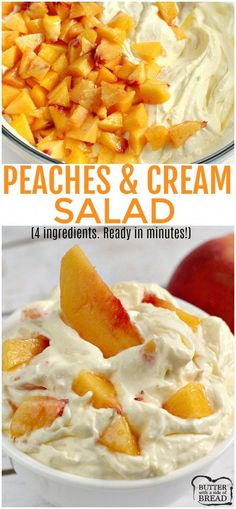 peaches and cream salad in a white bowl