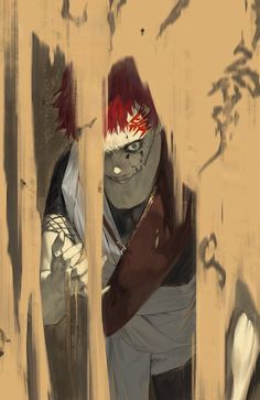 a painting of a man with a red bandanna on his head peeking out from behind a wooden fence