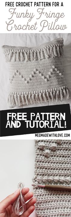 the free crochet pattern for a pillow is shown with text overlaying it