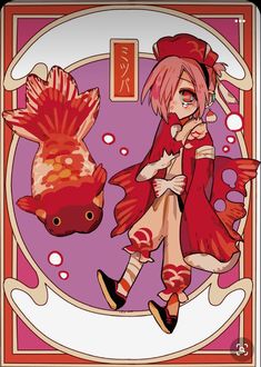 an anime character with pink hair and red dress, standing next to a goldfish