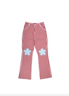 Our picnic pant is made for the person who has dreamed of matching their outfit to their gingham picnic blanket. the pants are made from cotton for a comfortable high waisted fit and are adorned with light blue flowers over the knees.    ibtisamat wears a size xl and is 5'6". Gingham Picnic Blanket, Tyler Mcgillivary, Gingham Picnic, Collar Jumper, Perfect White Tee, Light Blue Flowers, Natural Textiles, Trouser Pants Women, Feminine Design