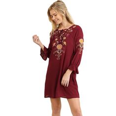 Umgee Women's 3/4 Sleeve Embroidered Dress With Ruffle Sleeves - Small, Wine New With Tags * V- Neckline With Cross Cross String * 3/4 Sleeve With Ruffle * Floral Embroidery * 60% Cotton, 40% Polyester Spring Embroidered Half Sleeve Dresses, Half Sleeve Embroidered Spring Dress, Half Sleeve Embroidered Dress For Spring, Fall Floral Print Long Sleeve Embroidered Dress, Long Sleeve Embroidered Floral Dress For Fall, Bohemian Dresses With Floral Embroidery And 3/4 Sleeves, Fall Embroidered Dress With Long Sleeves And Embroidered Hem, Casual Embroidered Dress With 3/4 Sleeves, Fall Long Sleeve Dress With Embroidered Hem