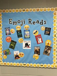 a bulletin board with emoji read's written on it in front of a classroom wall