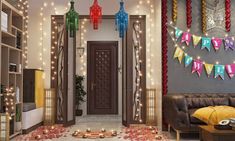 a living room decorated with festive lights and garlands on the door way to a party