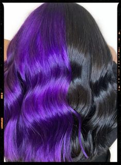 Hair Color Idea - Split Hair Purple And Black Ombre Hair, Dark Hair With Purple Extensions, Split Black And Purple Hair, Half Purple Half Black Hair Short, Black N Purple Hair, Purple On Top Black On Bottom Hair, Black And Purple Color Block Hair, Half Black Half Purple Hair Split