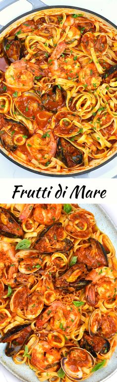 two pictures showing different types of food in the same pan and one with pasta on it