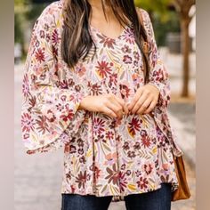 Nwt Perfectly Priscilla Women Floral Bell Sleeves Boho Blouse Top Size L Large Spring Floral Print Bell Sleeve Blouse, Beige Floral Print Blouse For Brunch, Flowy Multicolor Floral Print Blouse, Flowy Floral Print Blouse, Flowy Patterned Blouse, Beige Boho Print Blouse, Feminine Patterned Blouse, Flowy Floral Print Beige Tops, Bohemian Blouse With Floral Print And Bell Sleeves