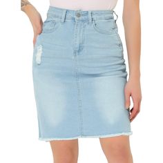 Treat yourself to the classic feel of this denim skirt with a raw hem, and washed details. With slim fit and pencil style details, this above-length skirt features classic five pockets, a frayed hem, comfy fabric, and a raw-cut hem for your cuteness. Perfectly pair it with your simple dots T-shirt or sandals to complete your fashion look. Knee Length, cute and comfortable, suitable for spring, and summer. Knee Length Jeans, Knee Length Jean Skirts, Stylish Denim Skirt, Button Down Denim Skirt, Distressed Skirt, Short Denim Skirt, Denim Skirt Women, Denim Pencil Skirt, Denim Midi Skirt