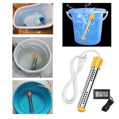 four different types of tools are shown in this collage, including an electric toothbrush, measuring tape, and buckets