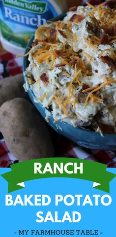 baked potato salad with ranch dressing in a blue bowl on a red and white checkered tablecloth