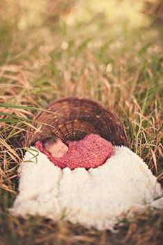 a baby is laying in a basket on the grass with it's pink blanket