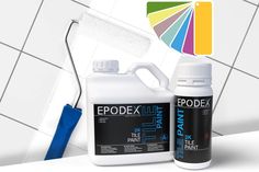 two bottles of epolex paint next to each other on a white tile wall