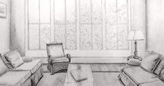 a drawing of a living room with two couches and a chair in front of a window