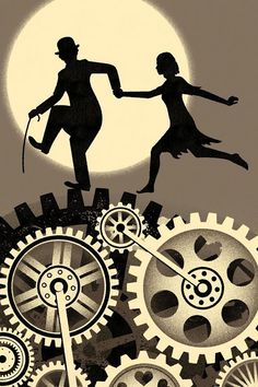 the silhouettes of two people are dancing on gears in front of a full moon