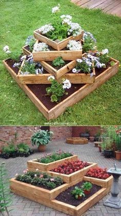 several wooden planters filled with flowers and plants