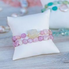 Kunzite and Rainbow Moonstone Stretch Bracelet Set - Devi & Co Tropical Vacation Outfits, Flowers Orchids, Beach Lover Gifts, Tropical Christmas, Handmade Gemstone Jewelry, Real Flower Jewelry, Beach Gifts, Orchid Flowers