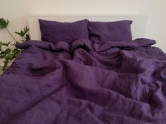 an unmade bed with purple sheets and pillows on top of it, next to a potted plant