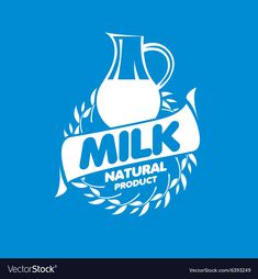 the logo for milk products with a jug and laurels on blue background stock photo