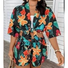 Plus Size Vacay Outfits Two Piece Set, Women's Plus Tropical Print Short Sleeve Robe & Shorts Outfits 2 Piece Set Black Two-piece Set For Summer, Casual Summer Sets With Tropical Print, Casual Tropical Print Summer Set, Casual Summer Tropical Print Sets, Black Short Sleeve Sets For Vacation, Casual Floral Print Beach Sets, Casual Floral Print Sets For Day Out, Multicolor Two-piece Sets For The Beach, Multicolor Two-piece Sets For Beach