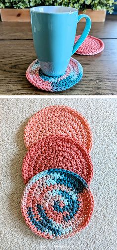 crocheted coasters with coffee cup on top and in the middle, next to a blue mug